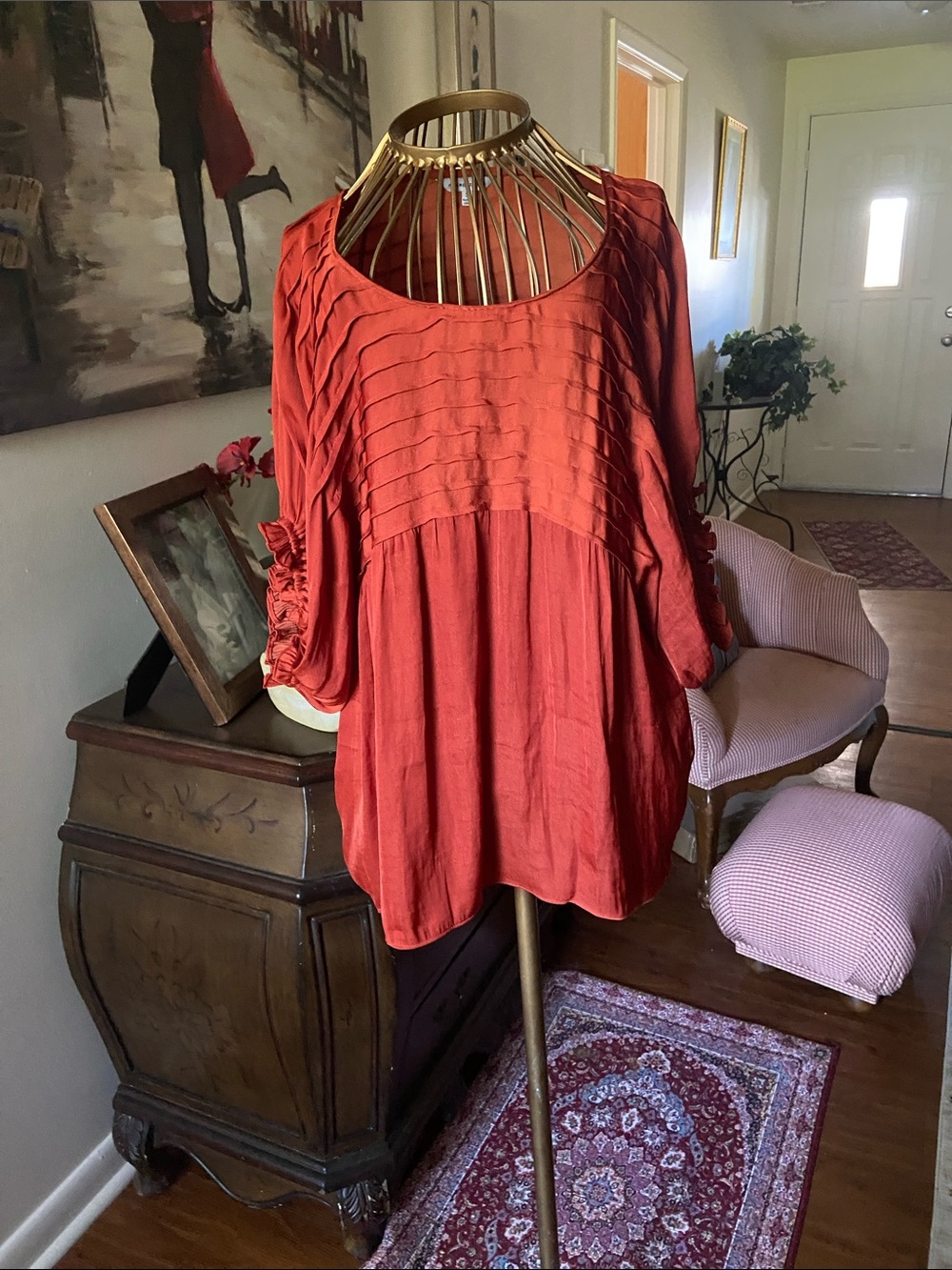 Naked Zebra Rust Red Pintuck Peasant Top